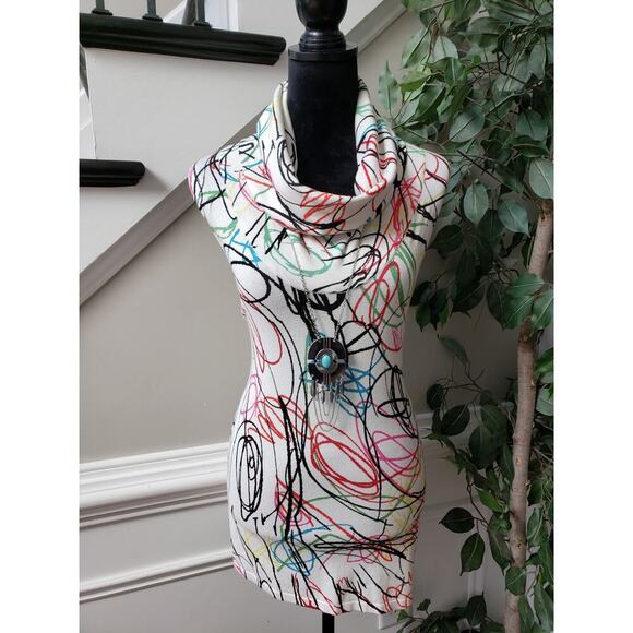 Joseph A. Sweater Womens 1X White Geo Print Rayon Cowl Neck Sleeveless Pullover - Picture 1 of 11